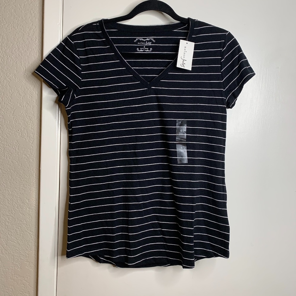 Maison Jules Striped V-Neck Top Black